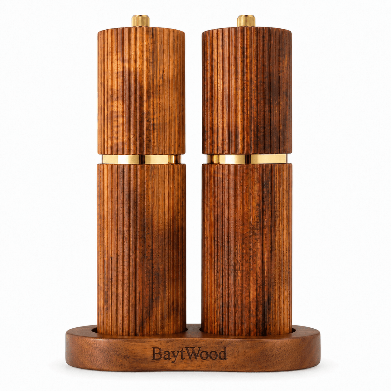 Bahar Grinder Set - ribbed acacia wood salt and pepper grinders with gold trim and matching tray
