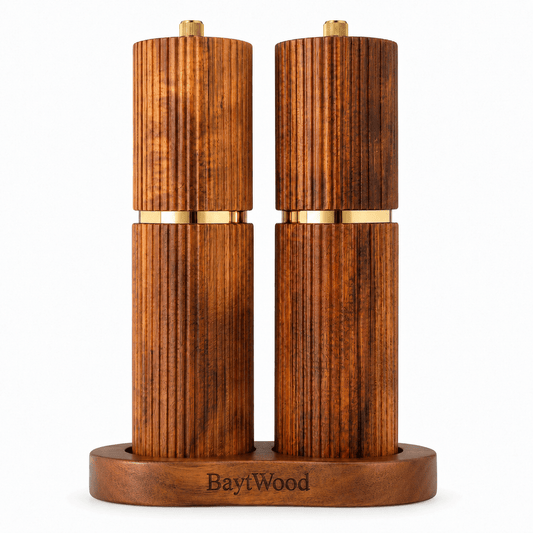 Bahar Grinder Set - ribbed acacia wood salt and pepper grinders with gold trim and matching tray