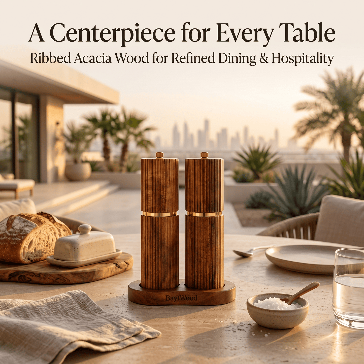 Bahar Grinder Set as dining table centerpiece
