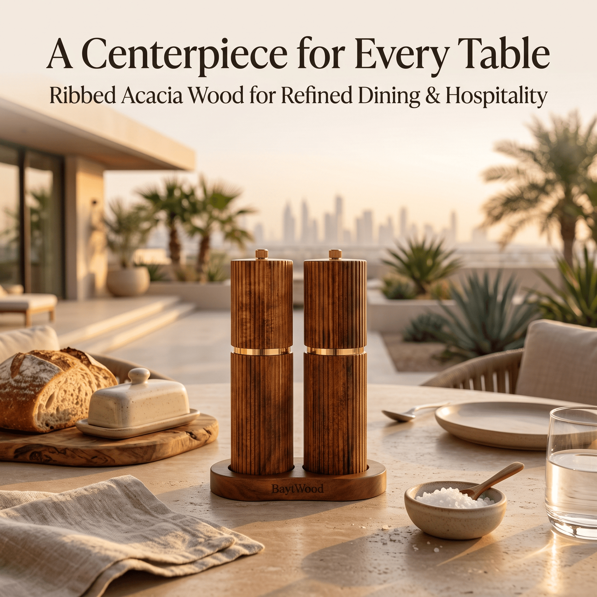 Bahar Grinder Set as dining table centerpiece